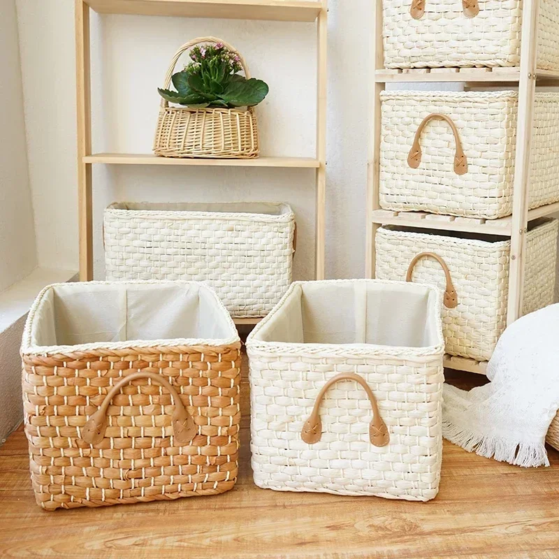 

Corn Husk Woven Storage Baskets Box Rectangular Storage Container Sundries Organizer Home Basket Organization Office Tidy Tools