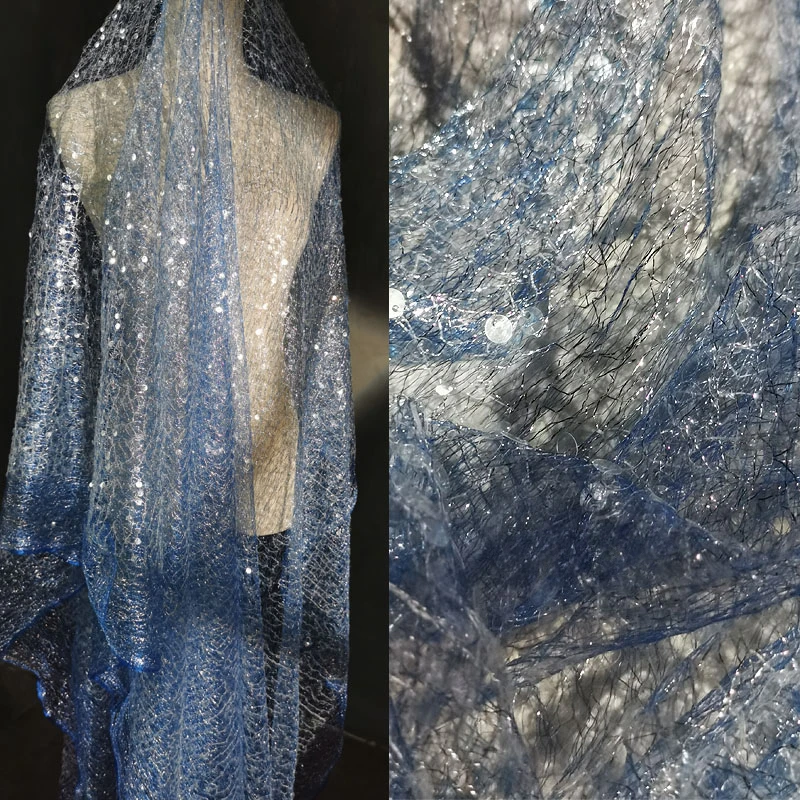 

Blue Random Mesh Sequin Heavy Embroidery Perspective Sparkling Mesh Fabric Wedding Dress Bead Designer Fabric