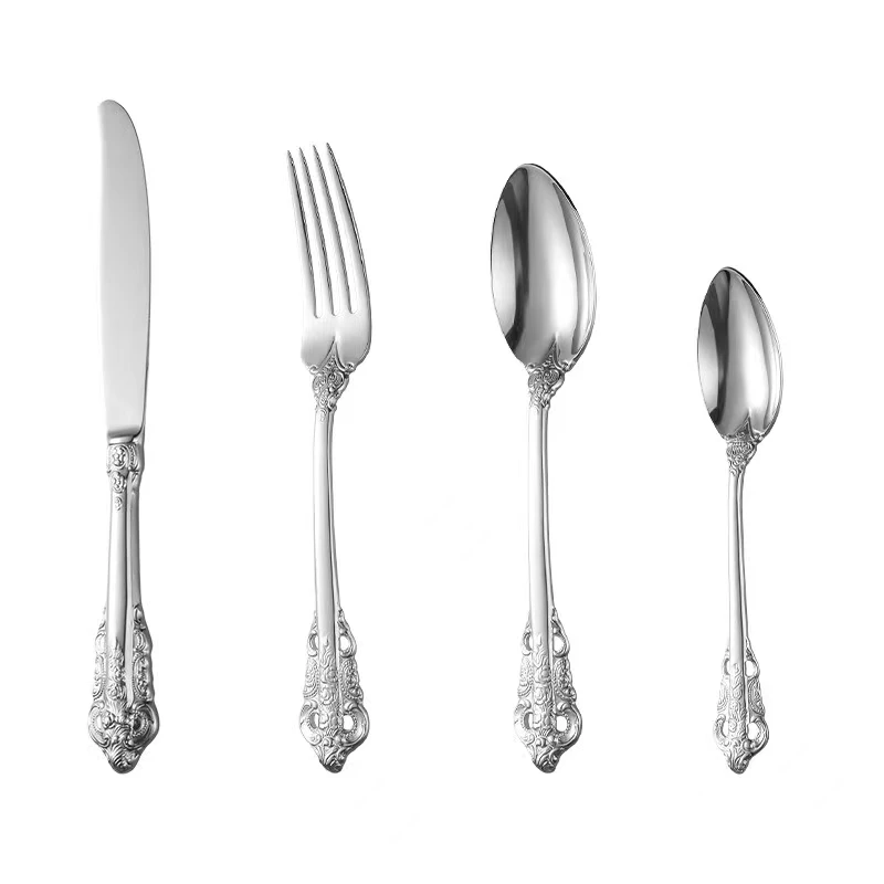 Luxury Vintage Cutlery Tableware Set 24pcs Silver 304 Stainless Steel Steak Knives Forks Spoons Western Dinnerware Sets