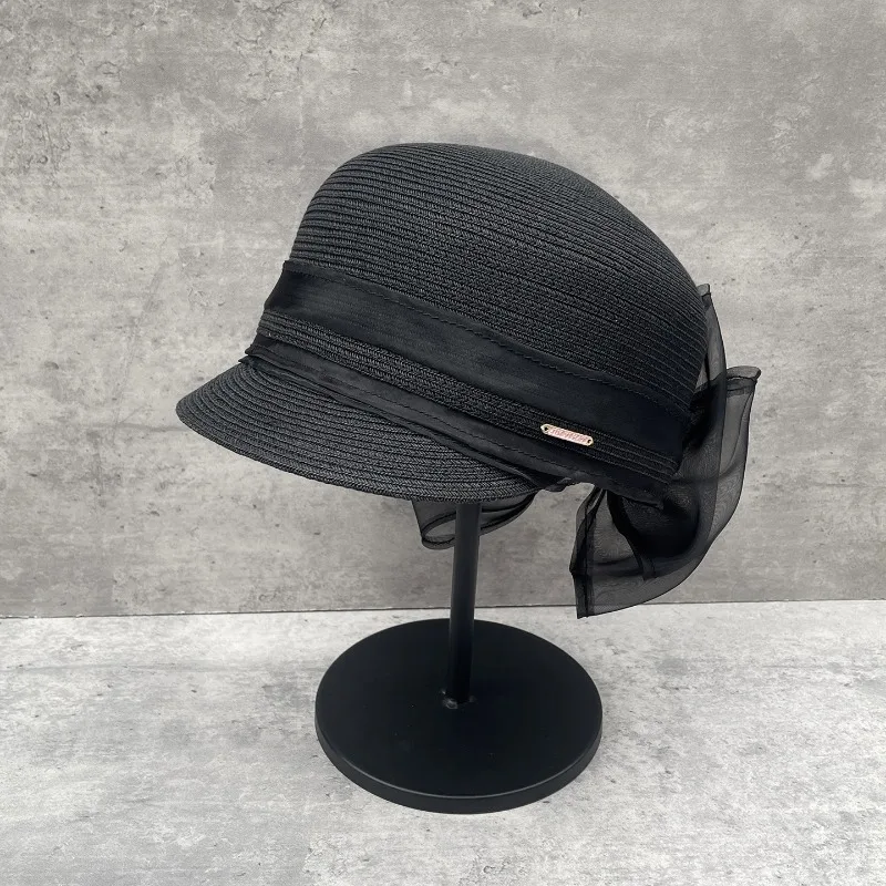 Women's Spring Summer Large Bow Knot Straw Woven Equestrian Cap Versatile Sun Protection Elegant Hat