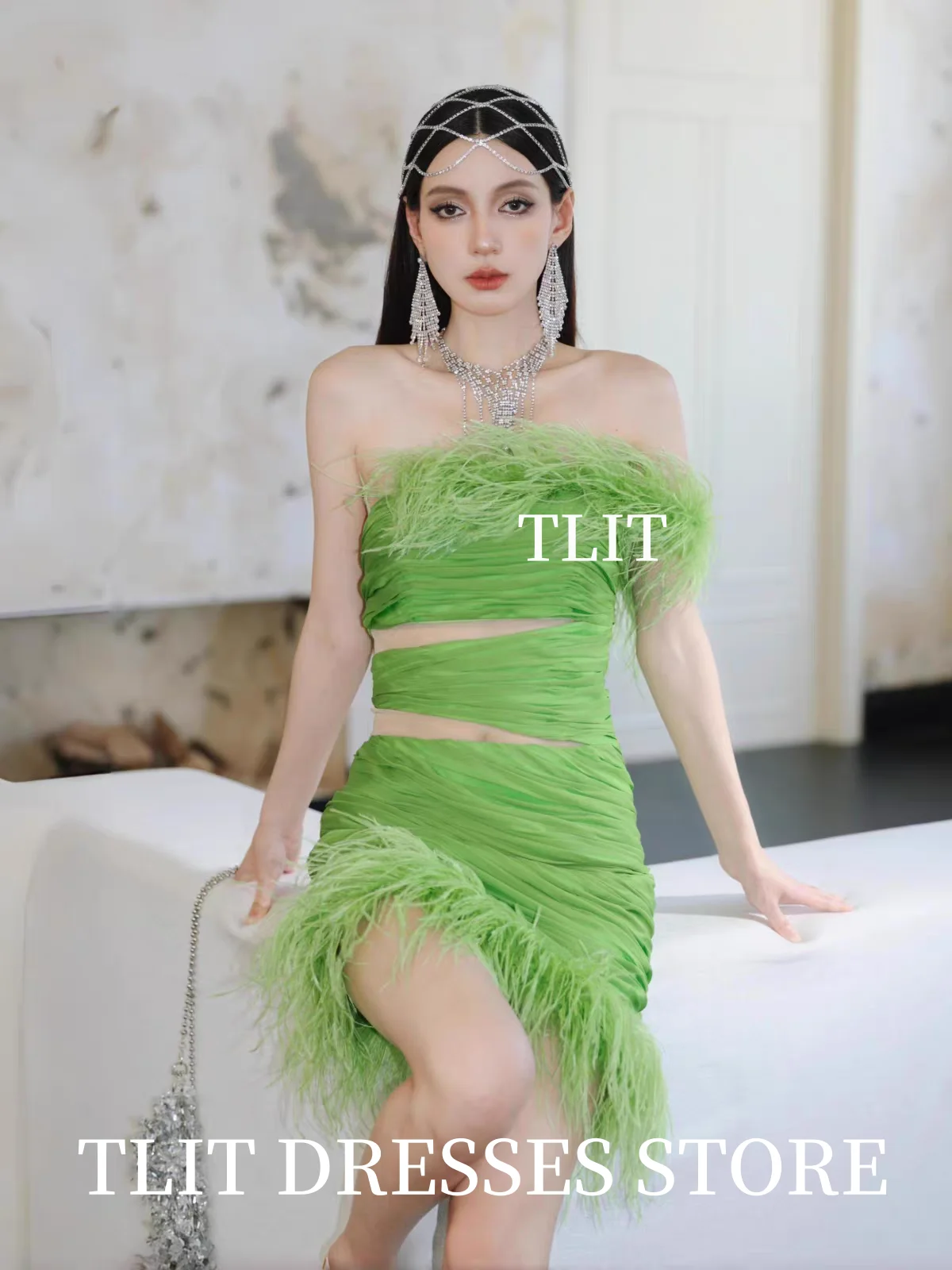 Tlit elegante grama verde sereia vestido de noite coreia vestido de casamento sessão de fotos sem alças penas vestidos de baile personalizados