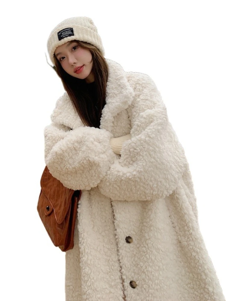 Manteau Long d'hiver en fourrure d'agneau pour femmes, col montant, couleur unie, simple boutonnage, vêtements amples, Parkas épais et chauds, nouvelle collection 2025