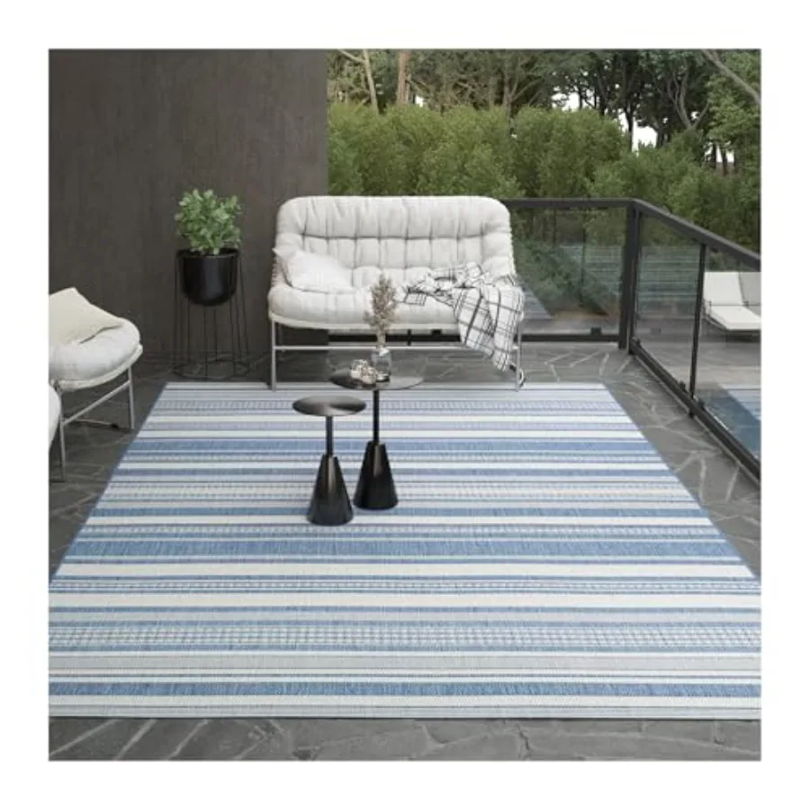 

Recife Indoor Outdoor Rug - Gazebo Stripe 8'6 x 13' Rectangle in Ivory and Blue, Low Pile, Hose Washable, Pet- and Kid-Friendly