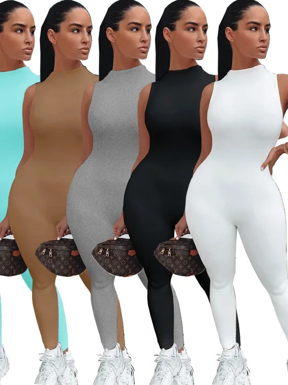 Women's Casual High Elasticity One-Piece Suit Sleeveless Tight Zipper mid Low Waist Cotton Blend Cleanfit Style Ensemble
