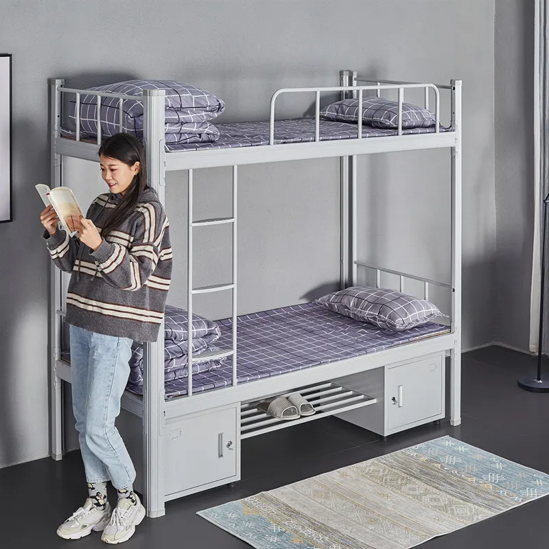 Dormitory Furniture Metal Double Bunk Bed With Stair And Storage Cabinet