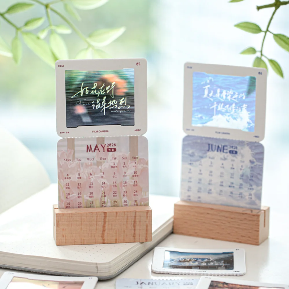 

Natural Scenery Calendar Spiral Binding Wooden Base Calendar Monthly Planner Elegant Card Insert Calendar For Home Office