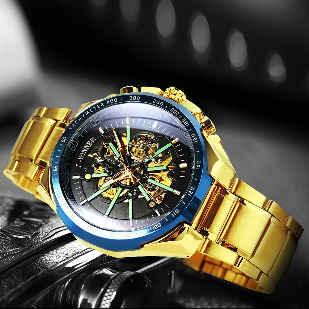 WINNER Sports Skeleton Mechanical Watches Luminous Fashion Military Automatic Watch for Men Stainless Steel Strap Business Clock