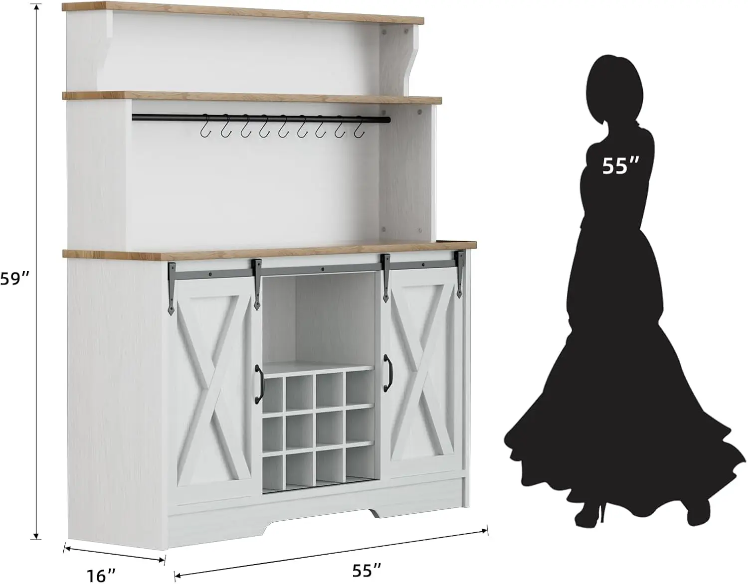 55인치 농가 스타일 커피 바 캐비닛, 3단 선반, 슬라이딩 헛간 문, 와인 랙 12개 및 후크 9개 포함