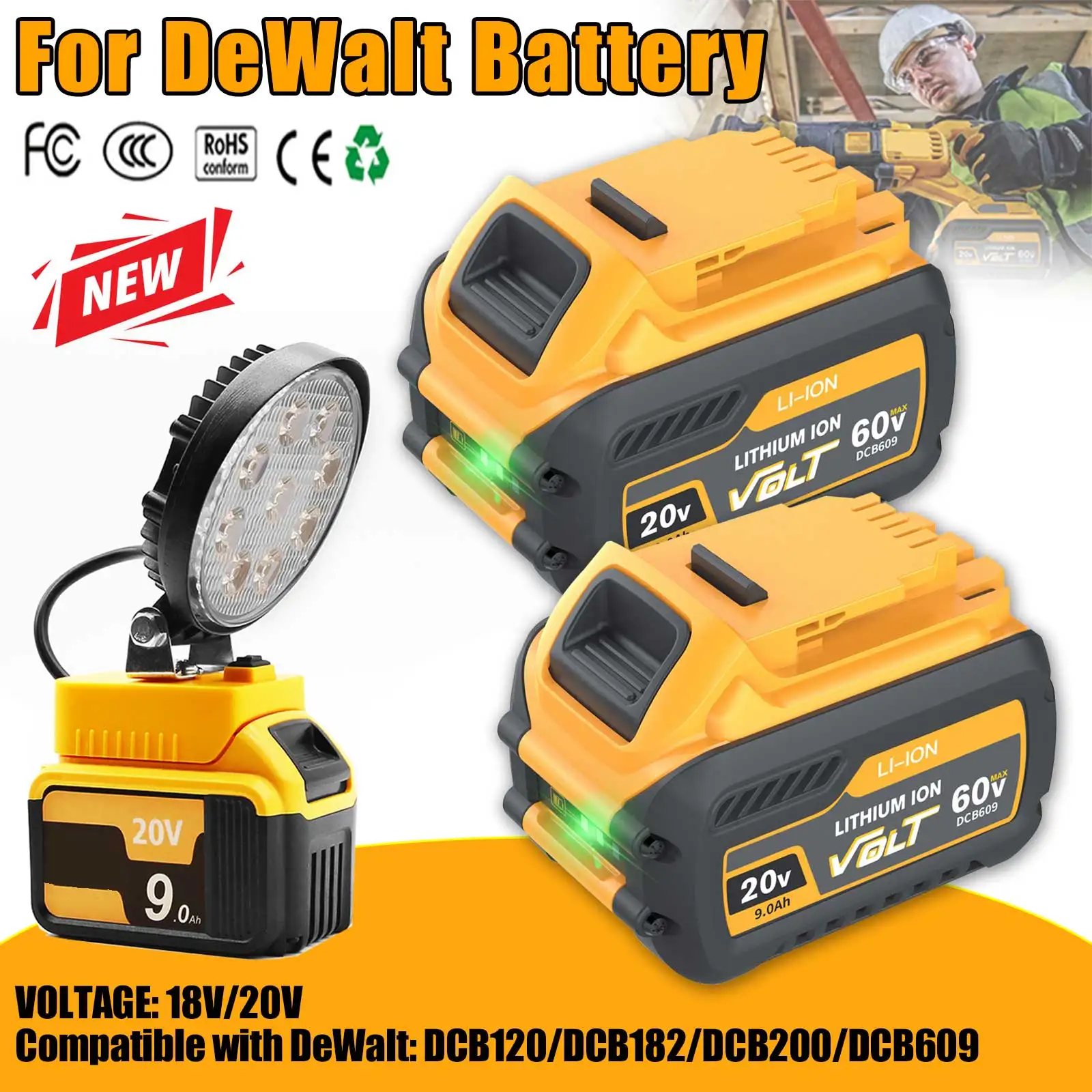 9000MAH For Dewalt DCB200 20V Replacement Battery Compatible with For Dewalt FlexVolt 120V 60V 20V Tools Battery LED Work Lights