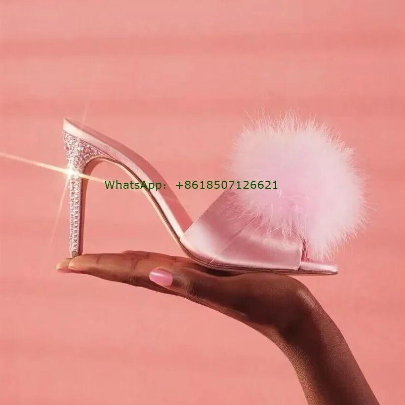 

Pink Pom-Embellished Rhinestone Stiletto Slippers Peep Toe Slip-On Cute Stain Women High Heels