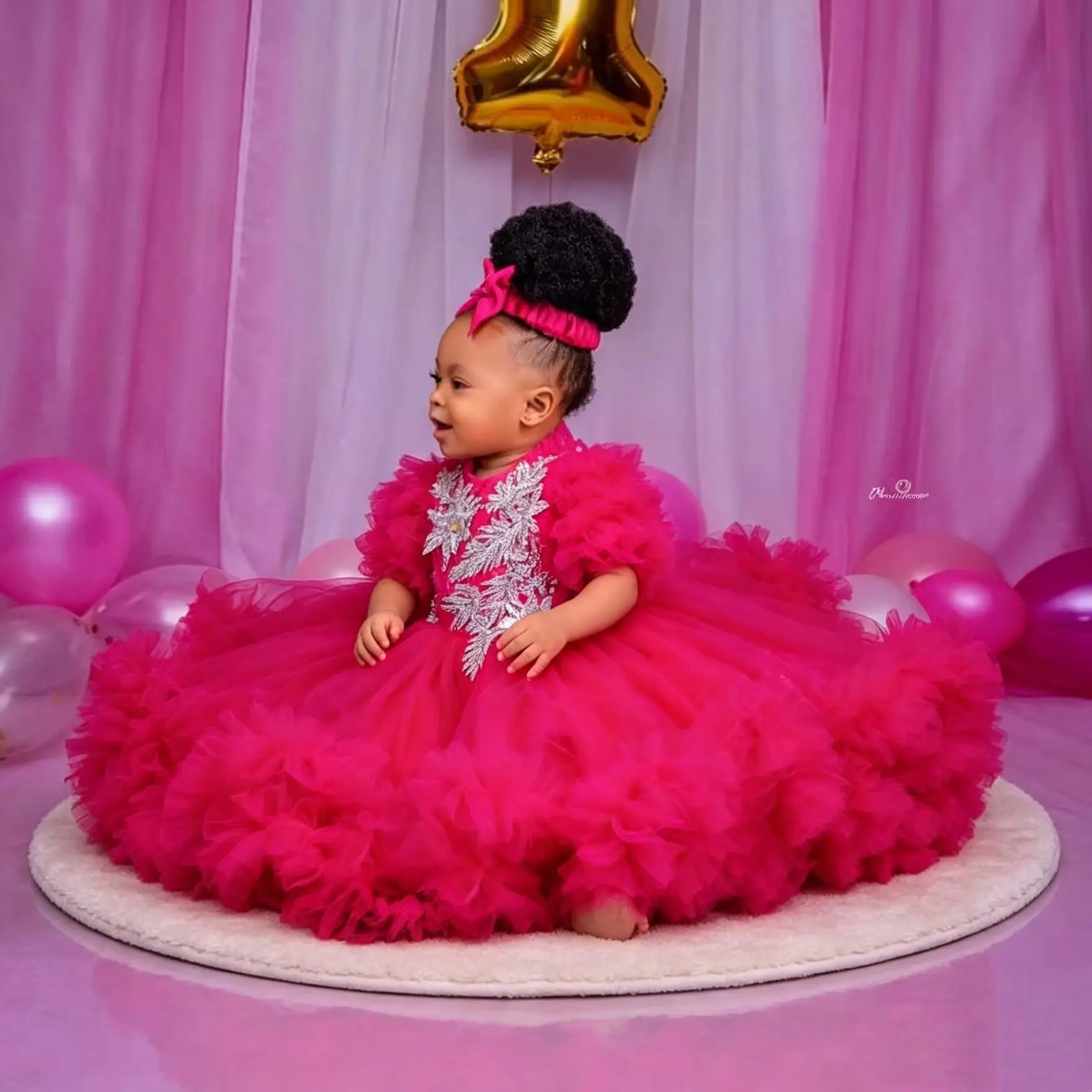 Customized Flower Girl Dresses Fuchsia Puffy Tulle Dress Sparkly Beaded 1st Birthday Photo Shoot Party Gown - view 3