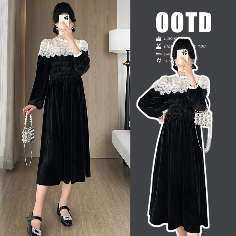 3160# 2023 Autumn Fashion Lace O neck Patchwork Velour Maternity Long Dress Elegant A Line Clothes for Pregnant Women Pregnancy