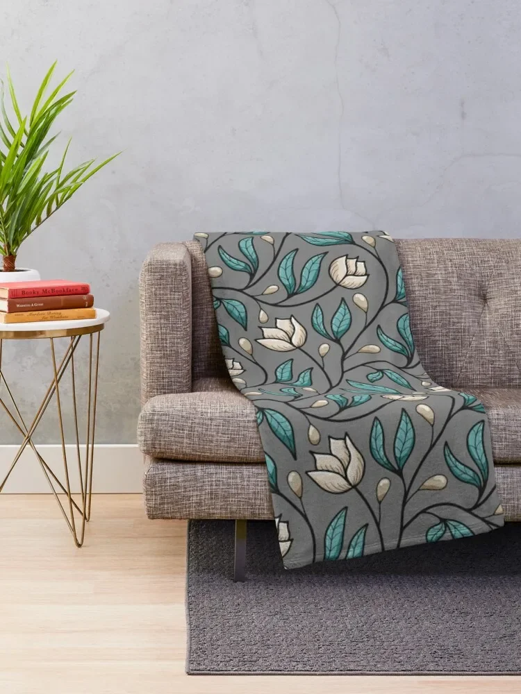 Roses floral vine, flowers, leaves and berries pattern in cream, teal and grey Throw Blanket decorative christmas gifts Blankets