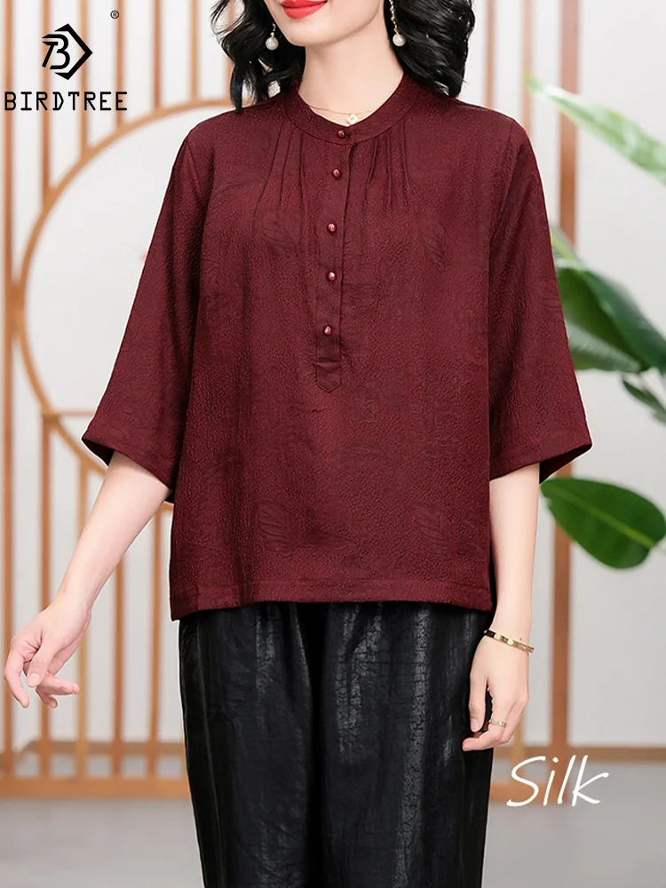 

BirdTree, XiangYunSha, 100%Real Silk OL Shirts, Women 3/4 Sleeve Solid, Mom Elegant Oversize Blouses, 2024 Summer Top T44477QM