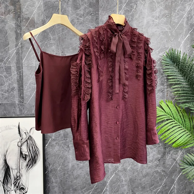 

Heavyweight Linen irt with Lace Embroidery And Sa Two-Piece Set Commute Sle Long Sve Mid-Length Straight Cut Butterf...