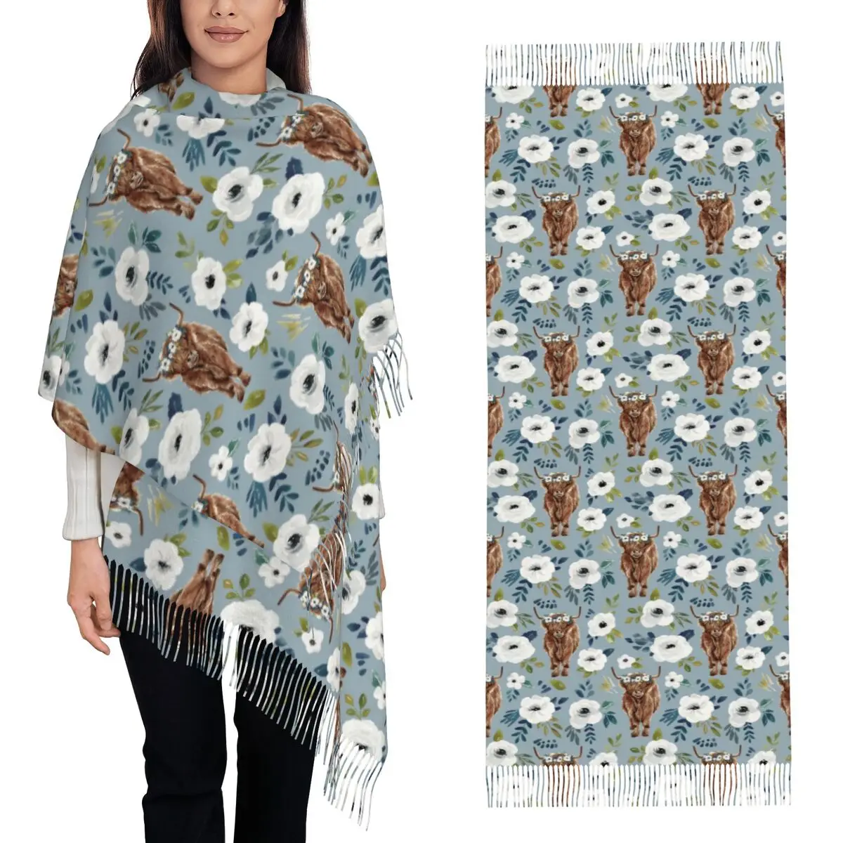 

Blue Highland Cow Floral Scarf Tassel Scarves for Women Soft Warm Shawls and Wraps Large Fall Winter Shawl Wrap