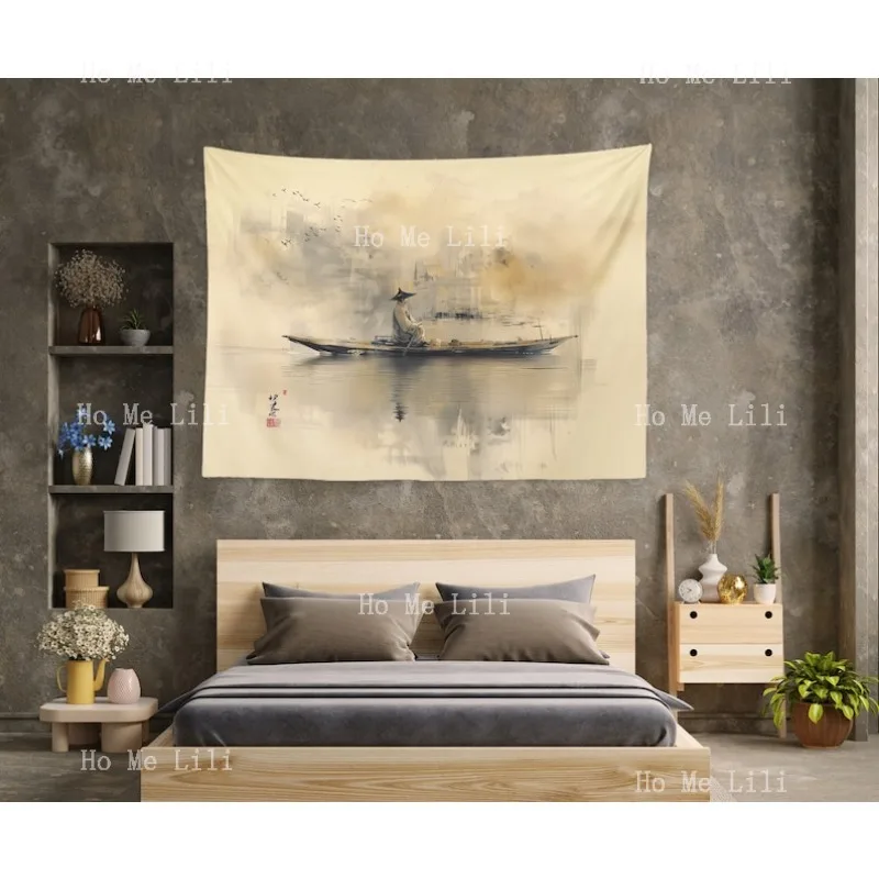 Tapisserie d'érudit chinoise à la dérive sur la rivière jaune, décoration murale suspendue et pièce contemplative pour la maison