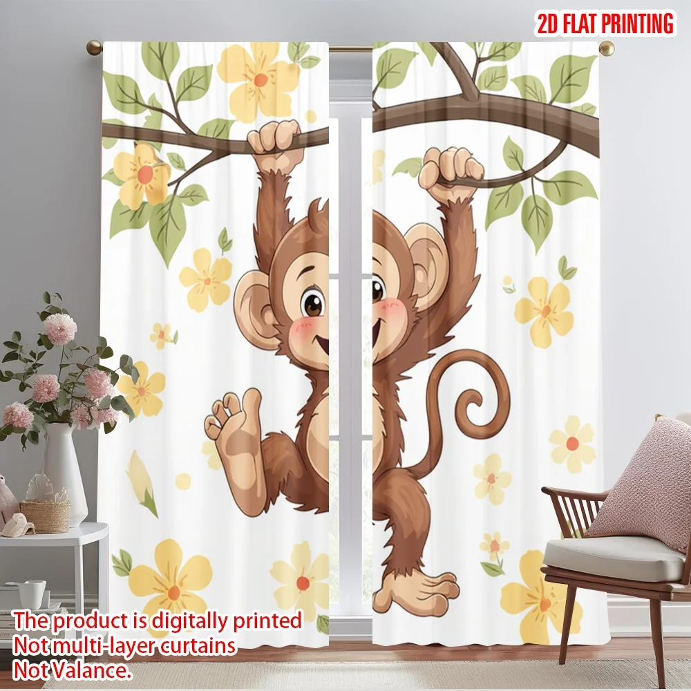 2pcs 2D flat printing Window Curtains Cute Monkey Jungle Vine Polyester Without Electricity Holiday Decorations Perfect for