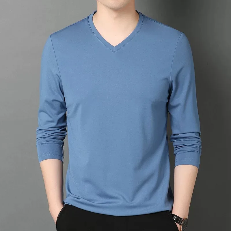 2024 thin long sleeved T-shirt for men in spring and autumn, slim fit and casual autumn outfit, bottom V-neck inner layer