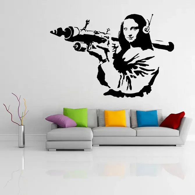 Banksy Vinyl Wall Decal Mona Lisa Rocket Launcher, Davinci Art Graffiti Sticker Z218