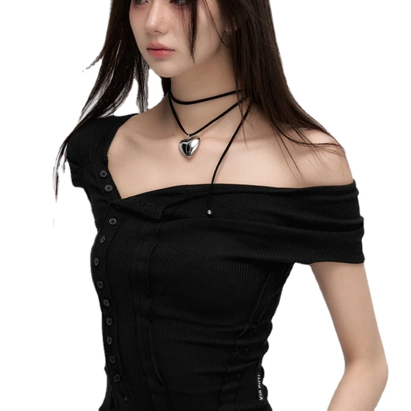 Short-Sleeved T-shirt Women's Cotton Gradient Tie-Dye Fashion Slim Irregular Button Shoulder Stitching Spring Summer Fashion Top