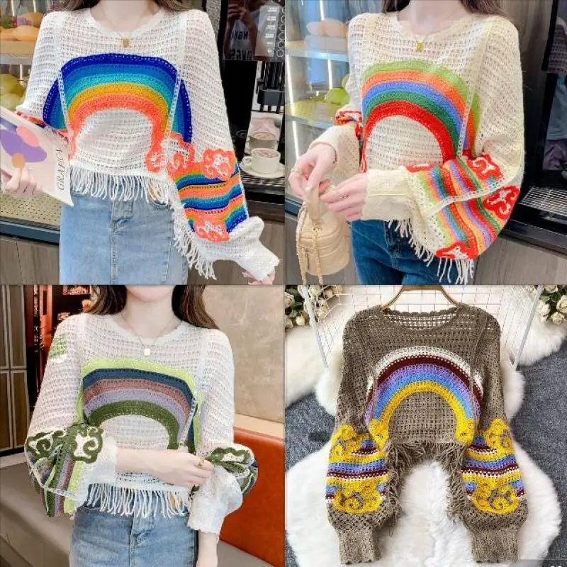 

Retro Knitted Top Women Rainbow Crochet Tassel Hollow Out Casual Loose Blouse Smock