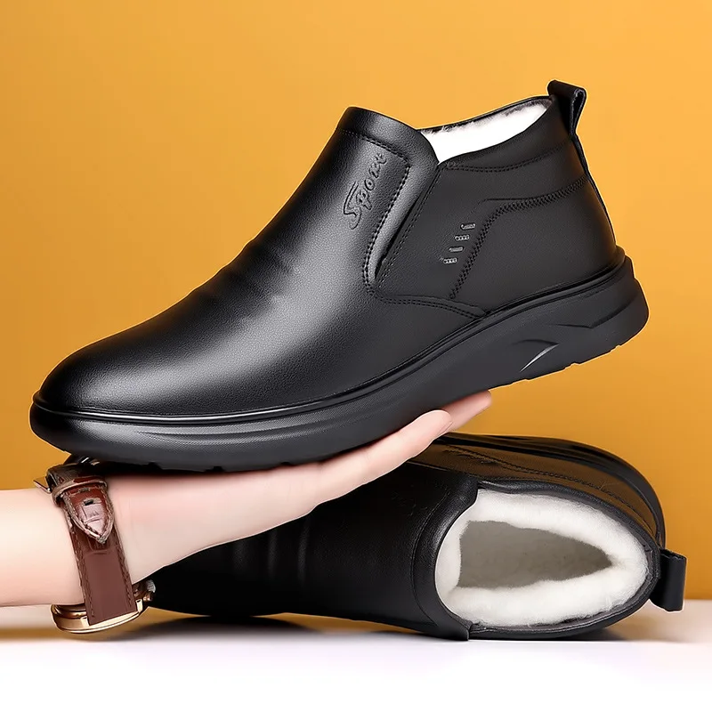 Winter Casual High-Top Woolen Lined Snow Boots Men's Cotton Shoes Anti-Slip Leather Upper Rubber Sole Comfortable Dad Boots
