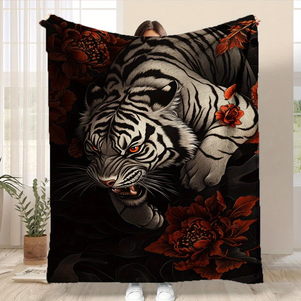 

1pc Tiger print blanket, polyester fabric, machine washable, suitable for bedroom and living room decoration