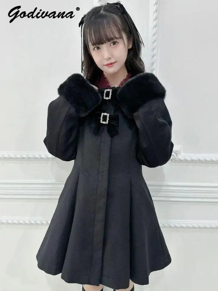 Rojita Woolen Coat Jacket New Autumn and Winter Japanese Girl Female Cute Sweet Plush Straps Pearl Slim Long Overcoat