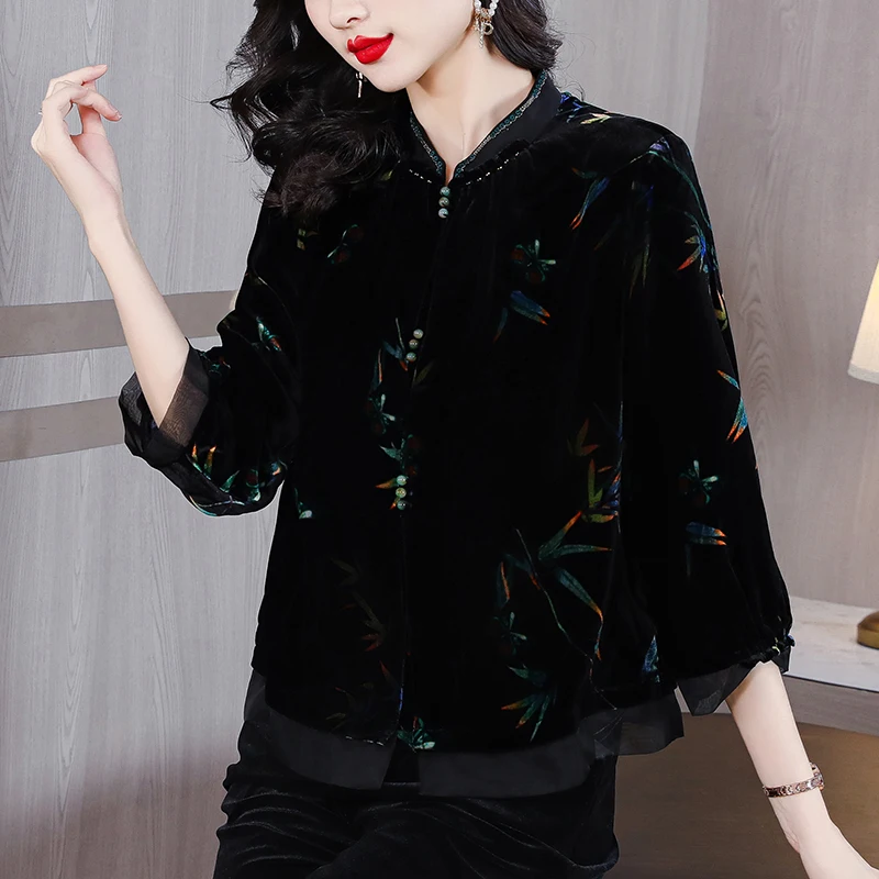 Women Korean Vintage Luxury Jackets Autumn Winter Black Print Velvet Long Sleeve Blouses 2024 Elegant Bodycon Festival Top Coats