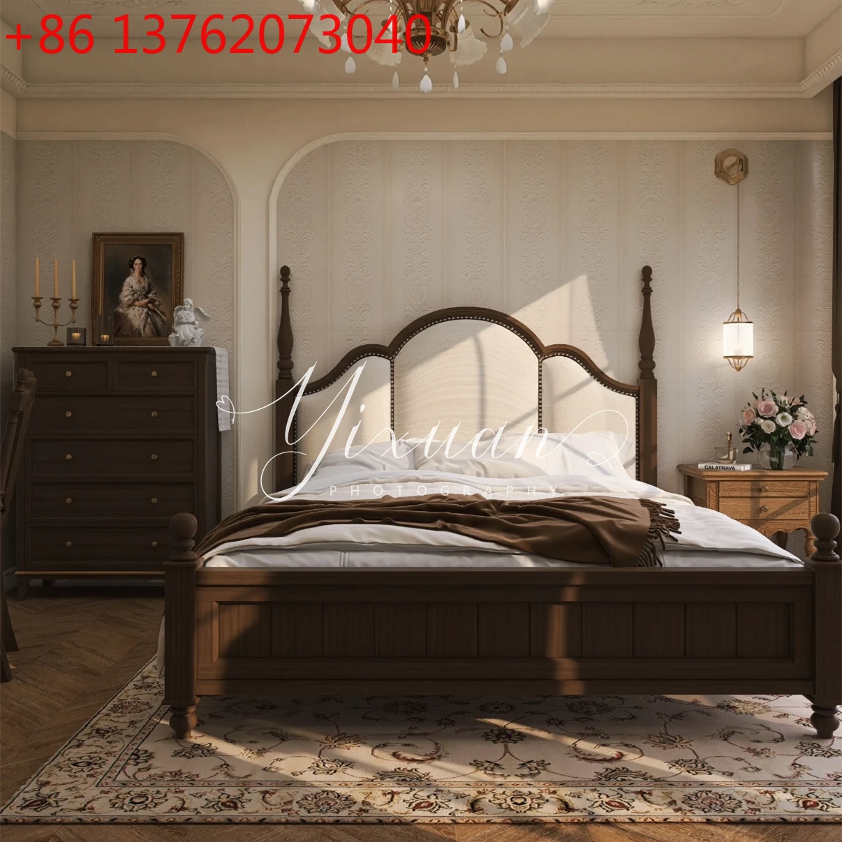 

Американская двуспальная кровать из цельного дерева карамельного цвета во французском стиле ретро длиной 1,8 метра