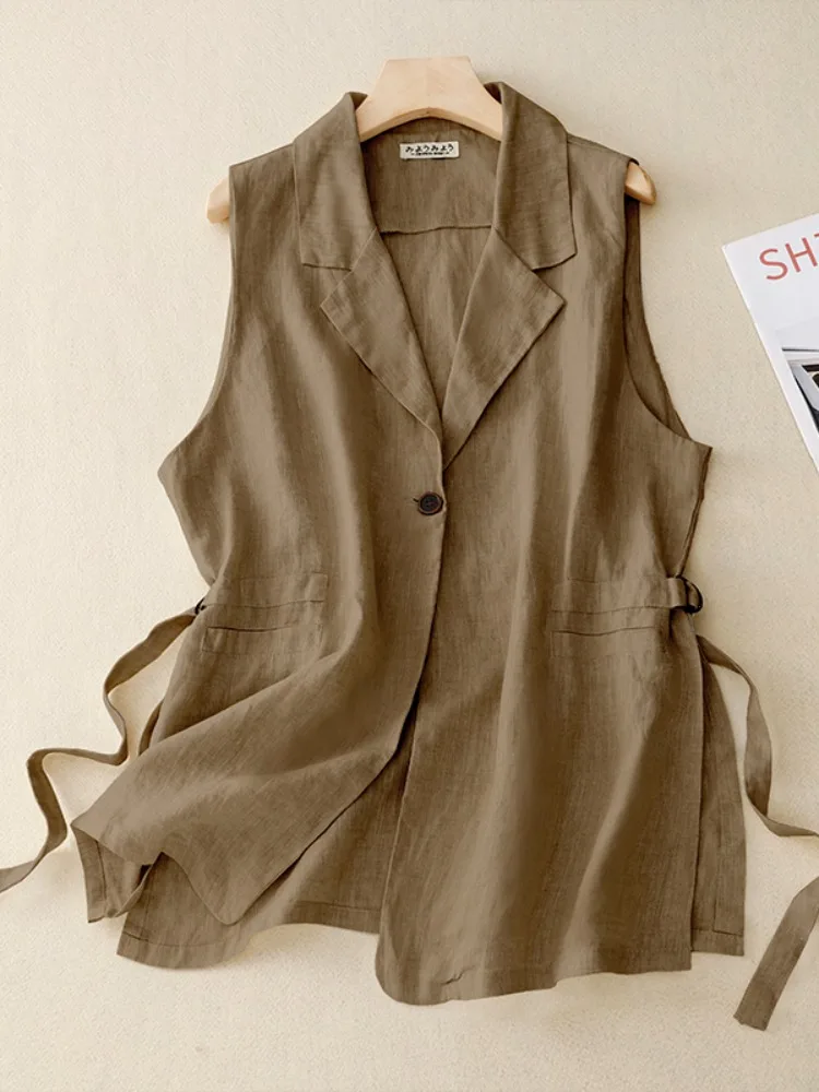 เสื้อกั๊กผ้าลินินผ้าฝ้ายลำลองสำหรับผู้หญิง เสื้อคลุมบางสำหรับฤดูร้อน แบบเปิดไหล่ผ่าข้าง เสื้อกั๊กผ้าลินินแบบยาว ดีไซน์กระดุม