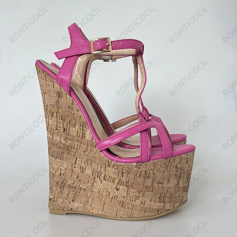 Ronticool Handmade Women T-strap Sandals Ultra High Wedges Heels Round Toe Classics Black Dress Shoes Ladies US Plus Size 5-15