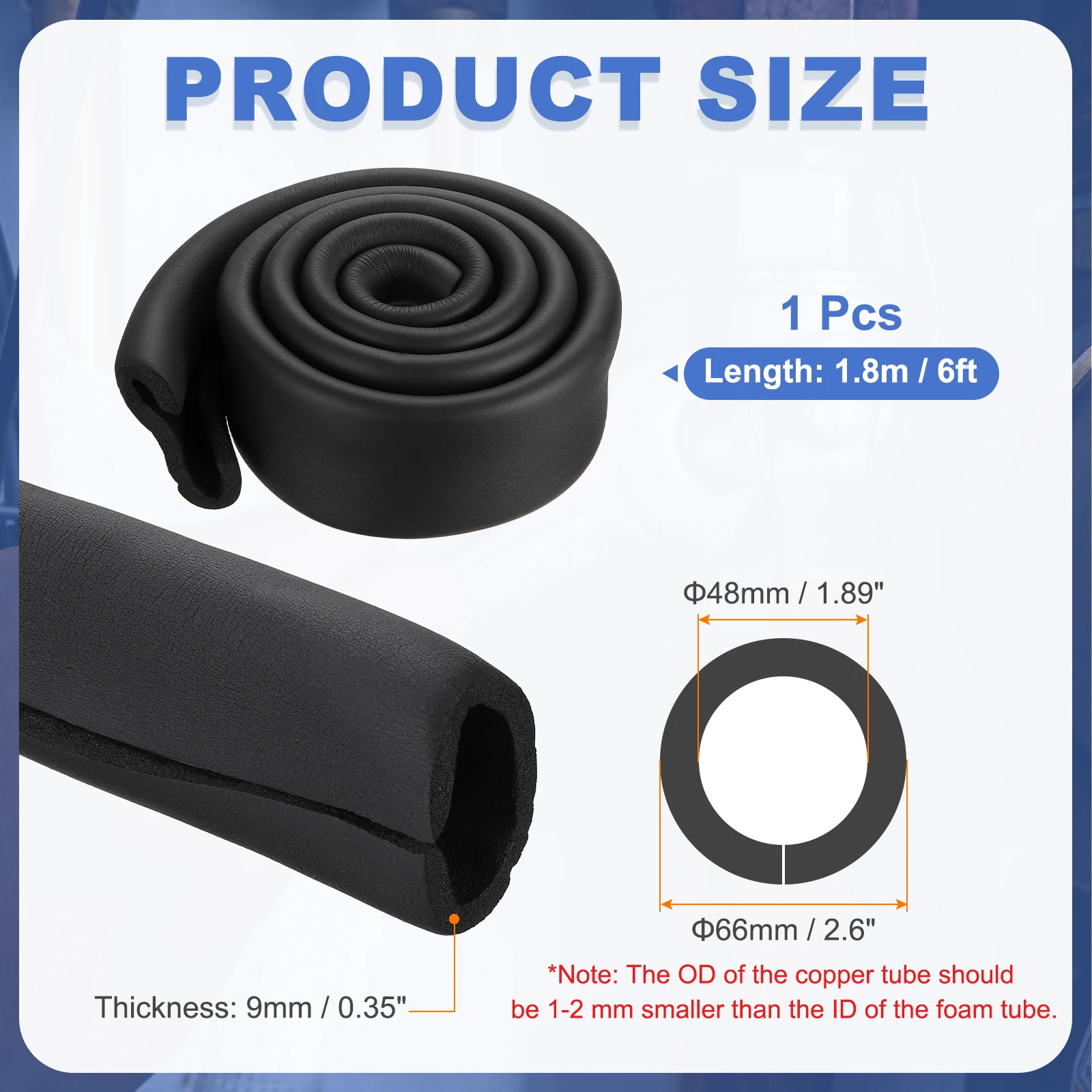 1Pcs Pipe Insulation Foam Tube 13-60mm ID x 6/6.6Ft L Black Pre Slit Heat Preservation Pipe Cover Wrap Roll Bar Padding Tubing