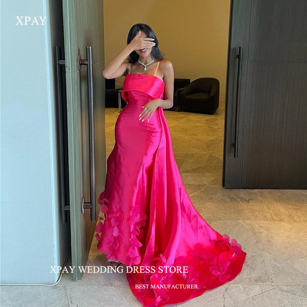 

XPAY Fuschia Pink Saudi Arabic Taffeta Evening Dresses With Detachable Train 3 Flowers Elegant Prom Gowns Party Wedding Guest