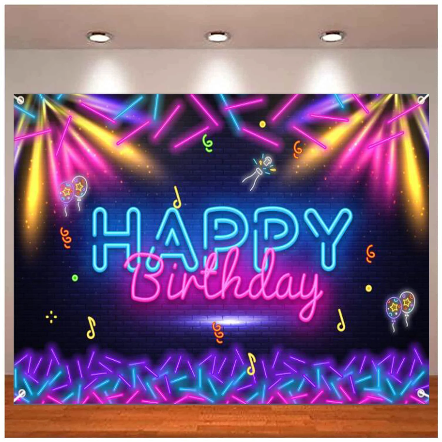 

Neon Happy Birthday Banner Photography Backdrop Let Glow Party Disco Dance Theme Background Colorful Night Decoration Girls Boys