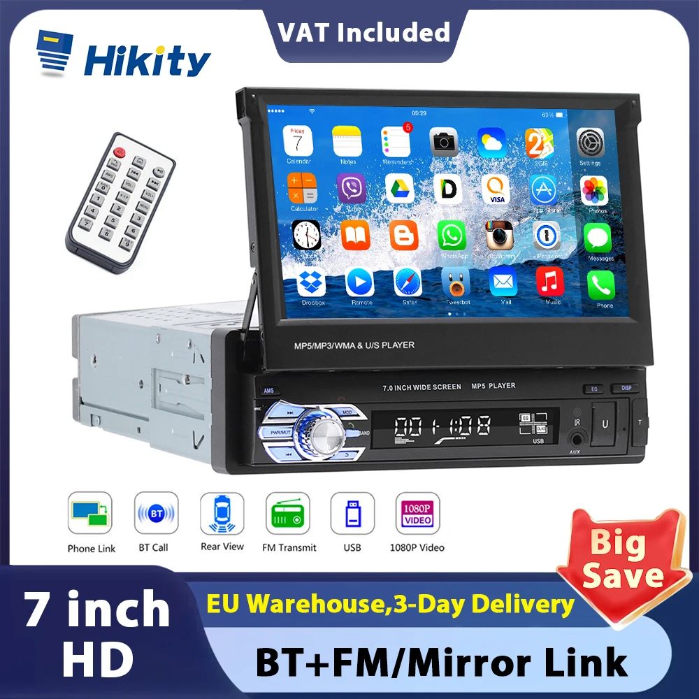 Hikity 7 Inch Car Radio 1 Din MP5 Player Touch Screen Multimedia  USB FM Bluetooth Rear View Camera r 1 DIN Autoradio