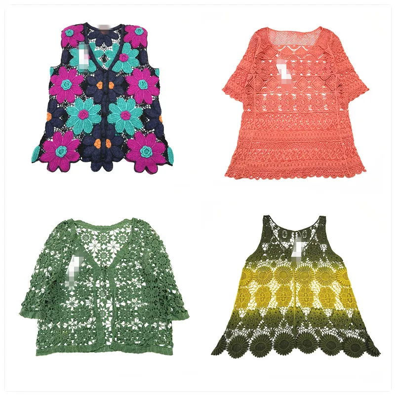 

Винтажный двухслойный ажурный однотонный роскошный свитер ручной работы из смешанного волокна с плавающим цветком для женщин, весна 2025 г.