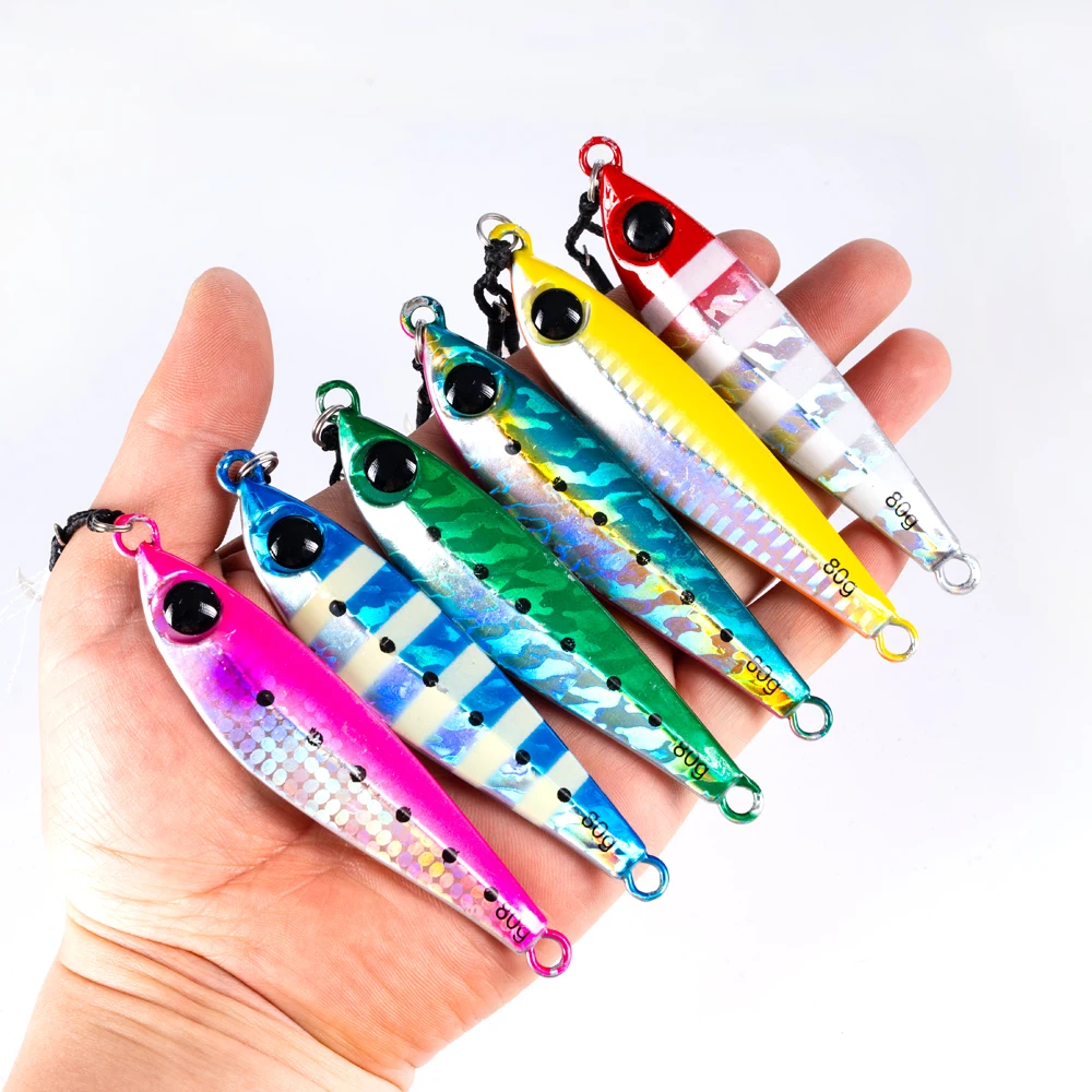 1 Stück sinkende Jig 10 g/20 g/30 g/40 g/60 g/80 g Metallgussköder leuchtender künstlicher harter Köder mit doppelten Hilfshaken und Seide – Detail 10