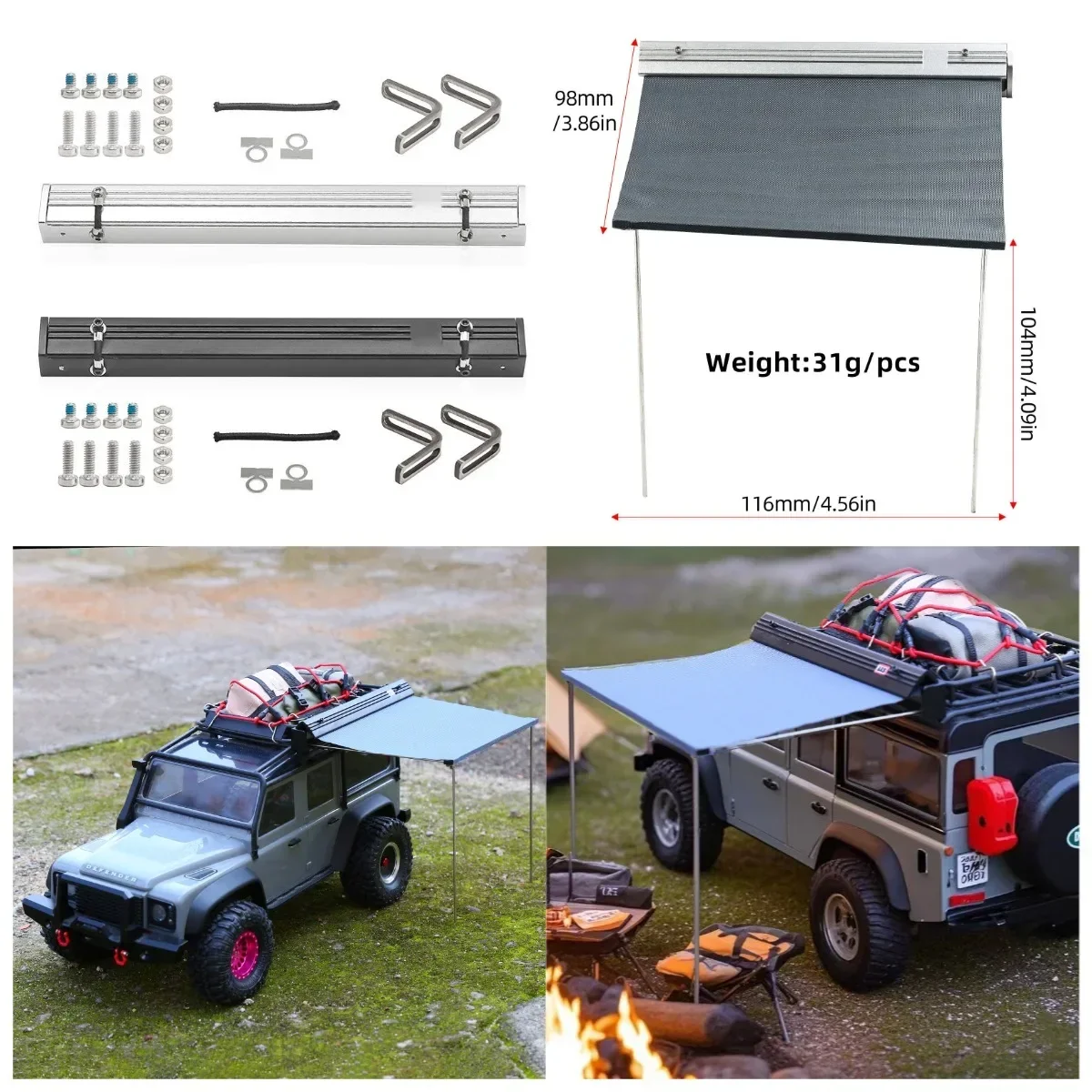 

1/18 RC Roof Top Tent & Sunshade for TRX4 TRX4M - Waterproof Camping Awning (Crawler Car Upgrade Accessory)