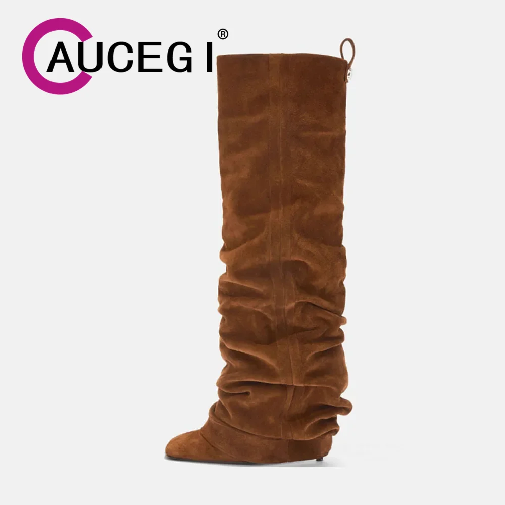 

Aucegi/Новый тренд, осенние женские плиссированные сапоги до колена из искусственной замши в стиле ретро, коричневые элегантные вечерние туфли без шнуровки с квадратным носком