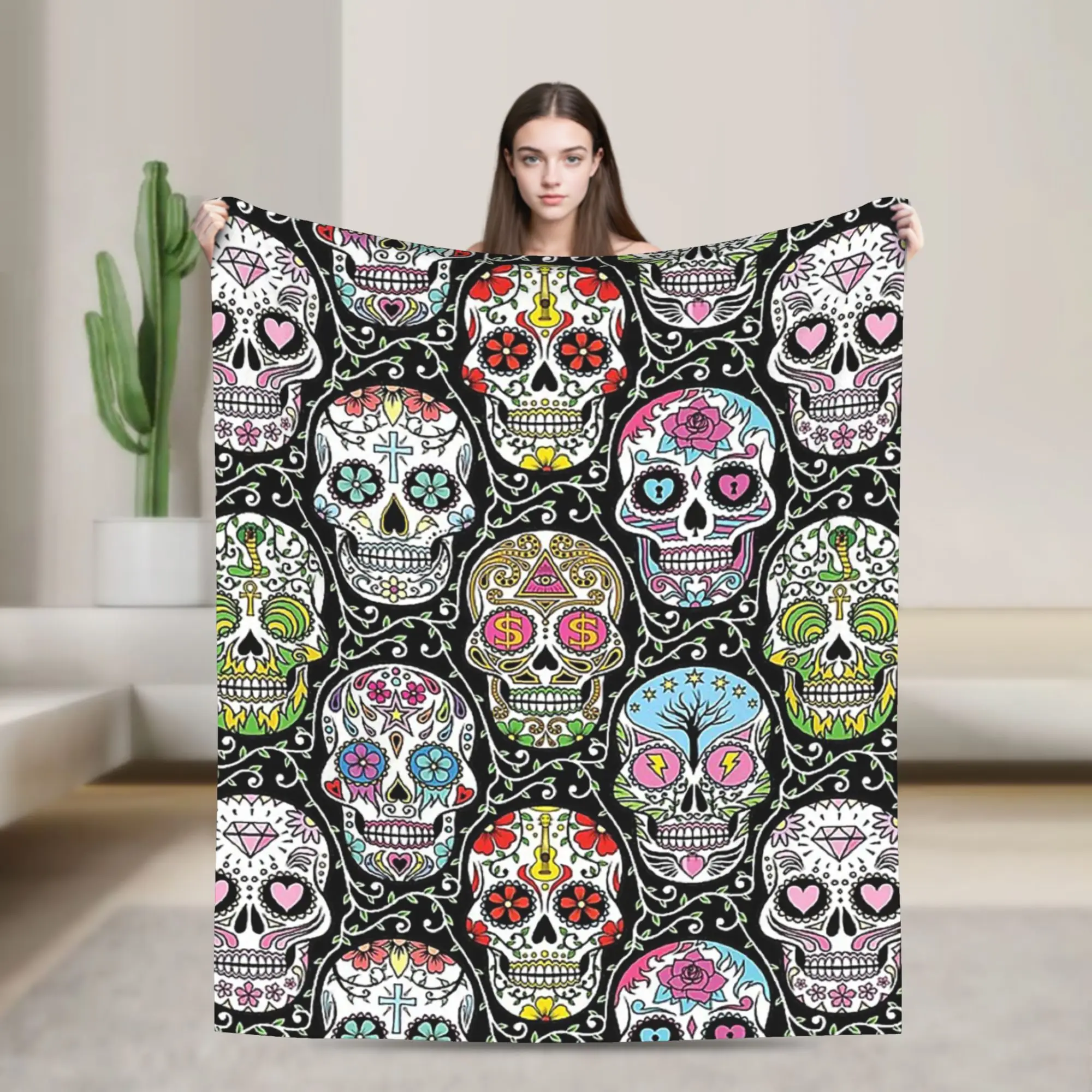 Mexican Skull Fleece Blanket Bright Colorful Mandala Funny Throw Blankets for Bed Sofa Couch 200x150cm Plush Thin Quilt