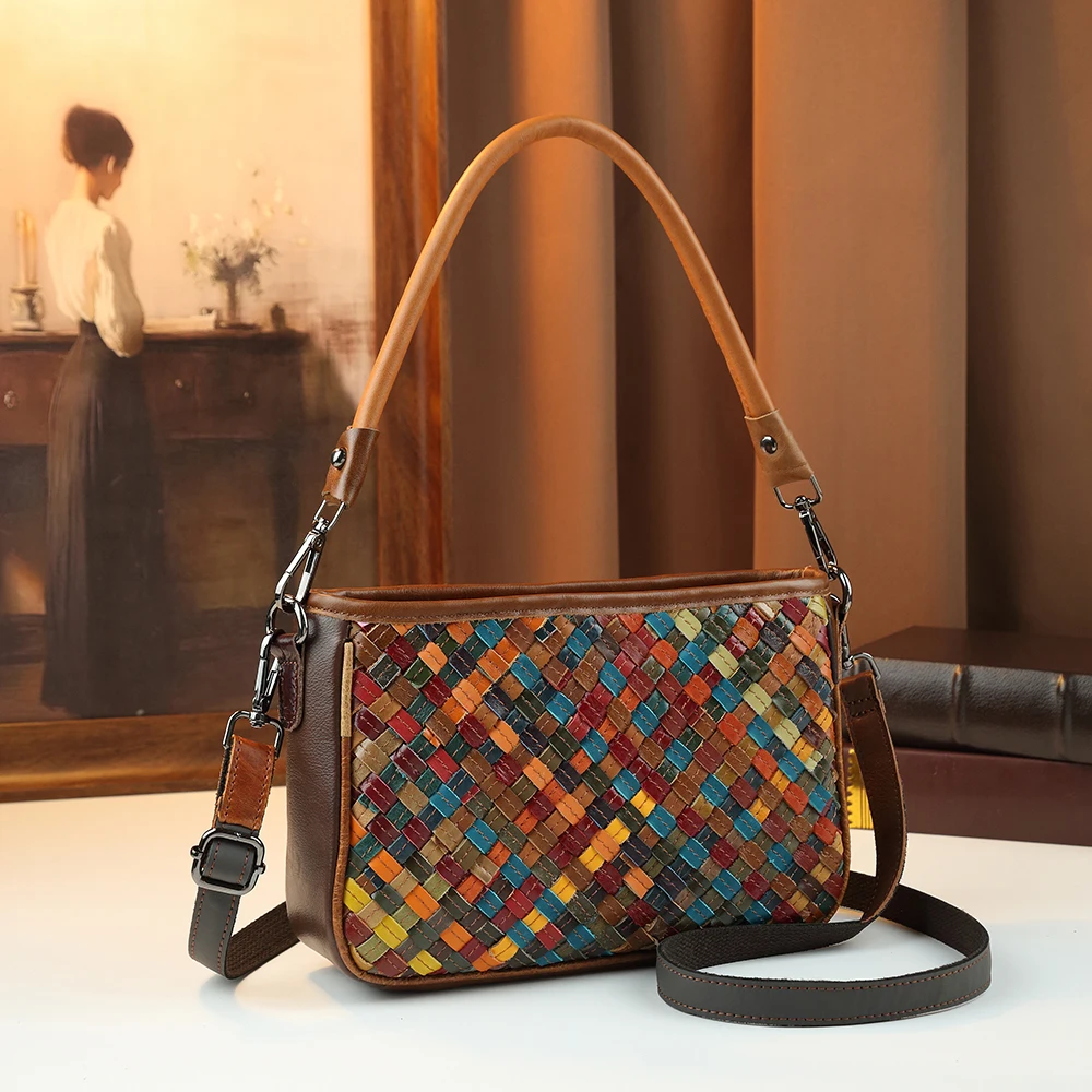 Retro Colorful Woven Genuine Leather Shoulder Bag Luxury Hand-Woven Multi-Color Patchwork Crossbody Bag Vintage Underarm Bag