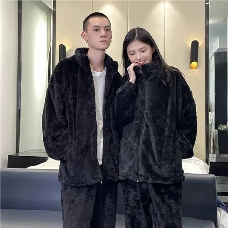 Winter Men's Warm Pajama 2Pcs/Set Thick Flannel Pyjama Women Simple Soft Fleece Pyjamas Elastic Waist Couple Sleep Homewear