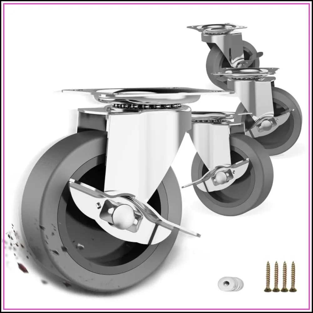 3-Inch Heavy Duty Caster Wheels with Brake, Set of 4, 360° Swivel Plate Casters for Furniture, Carts, Workbenches