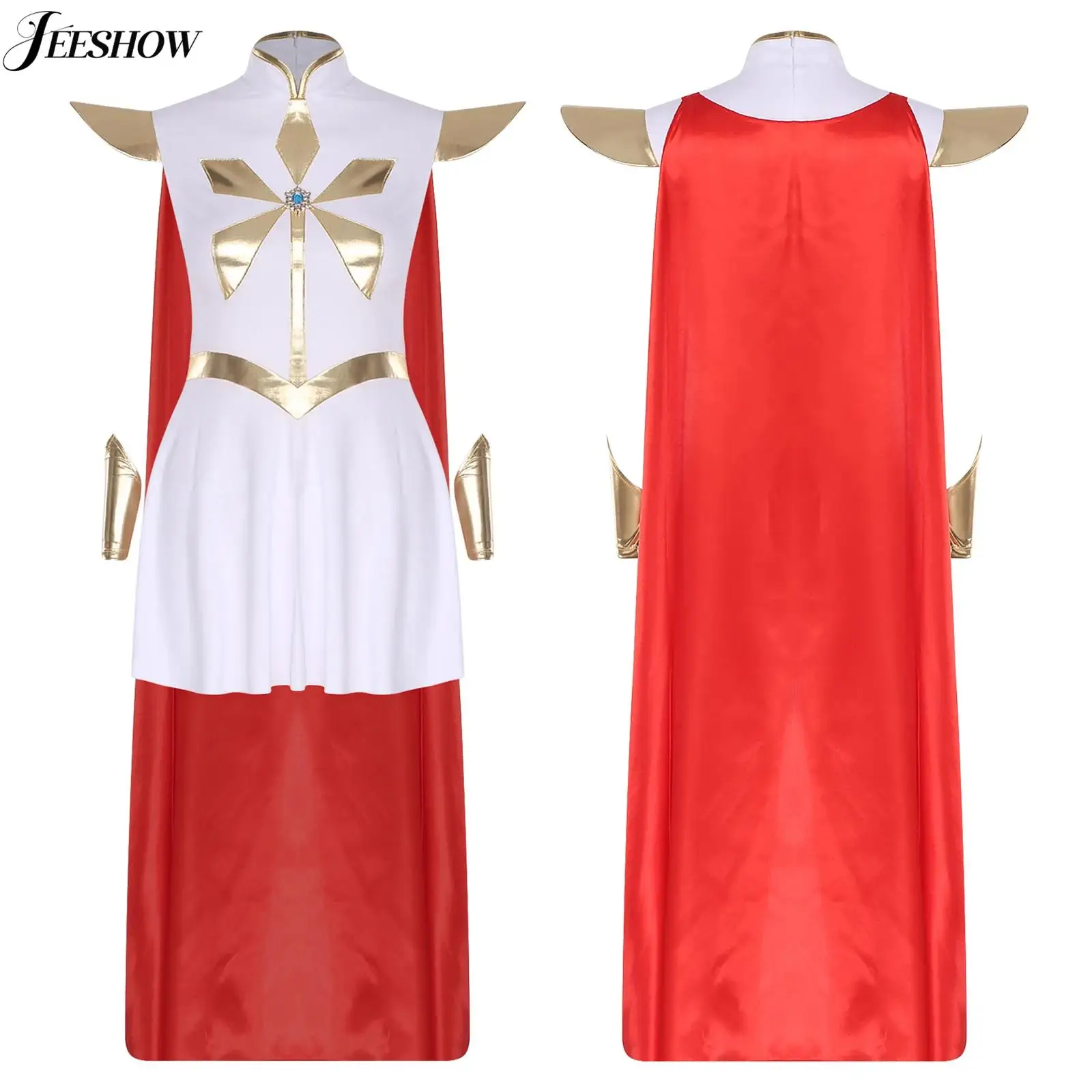 レディース パワー プリンセス コスチューム 光沢のあるメタリック パッチワーク モックネック ミニ A ライン ドレス 取り外し可能なマントと袖口付き ハロウィン用