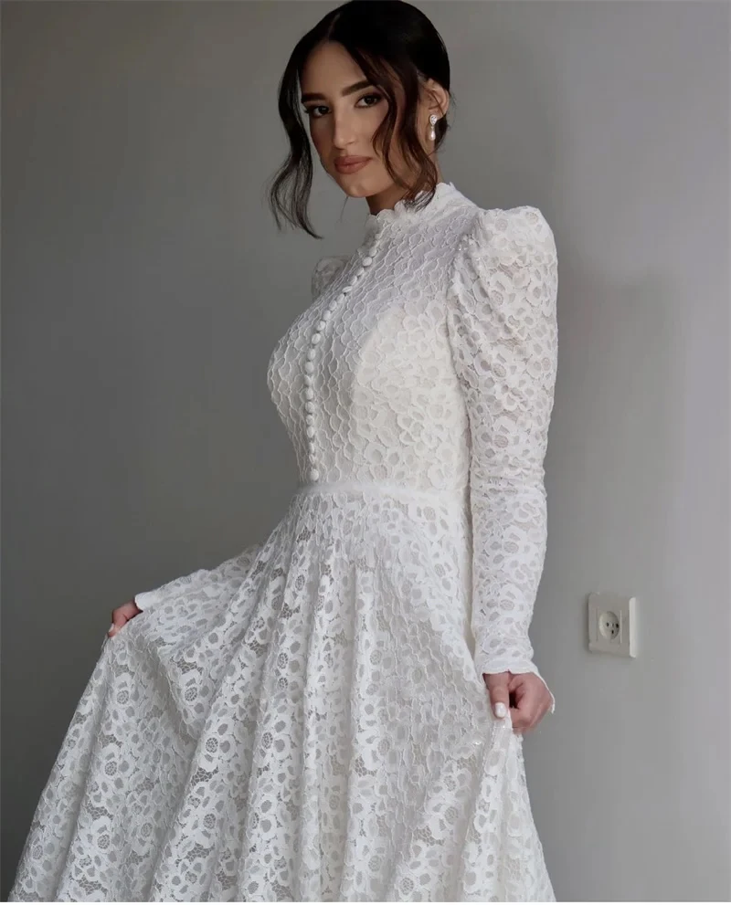 Haohao-Robe de Mariée Trapèze en Dentelle à Col Haut, Vêtement Modeste, Manches sulf, lèvent, Style Vintage, Église Campagnarde, Patients, Quelle que soit, 2024