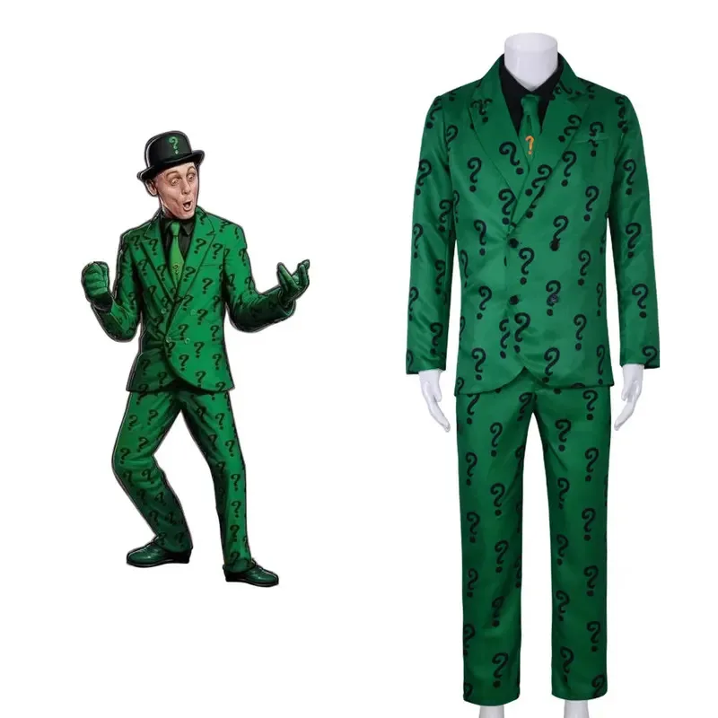 

Halloween Carnival Clothes Cosplay Villains Riddler Cosplay Costume Joker Outfit with Hat Adult Men Green Jacket SUIT