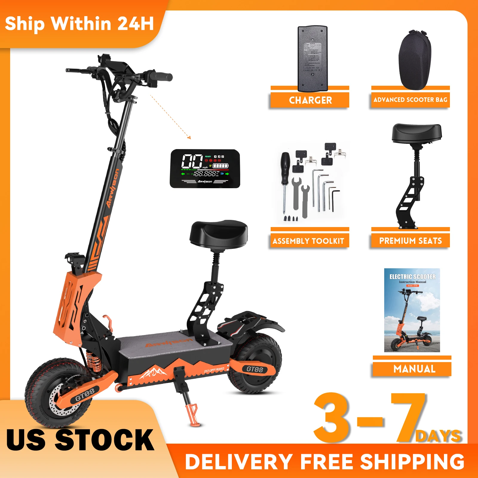 Arwibon 5600W Adult Electric Scooter Dual Motor Top Speed 50MPH,60V27AH, 11-inch Off-Road Tires Sport Folding eScooter with Seat