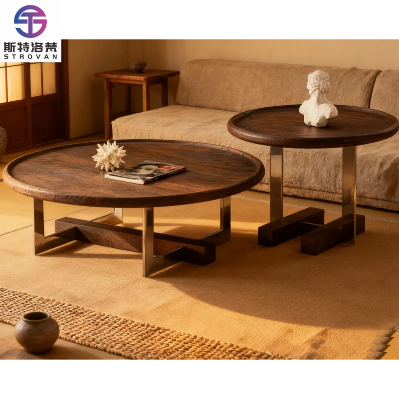 

Oak/Birch Metal Frame Walnut Industrial Coffee Table Round Shape Metal Legs Retro Modern Extendable Luxury Living Room Furniture